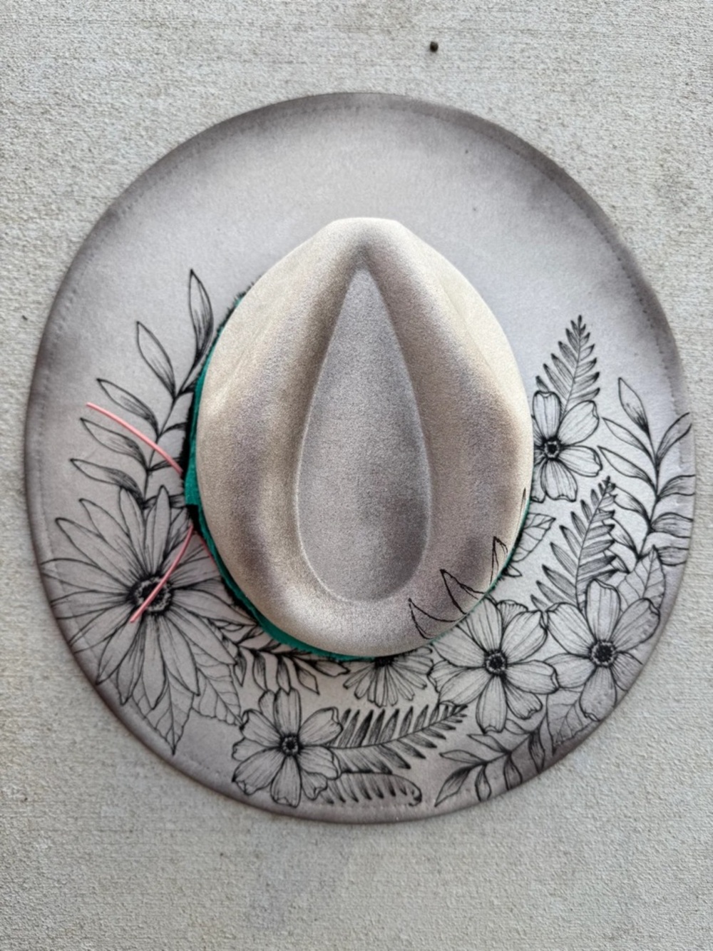 Ivory floral botanical vegan suede rancher cowboy hat wide brim cottagecore hat